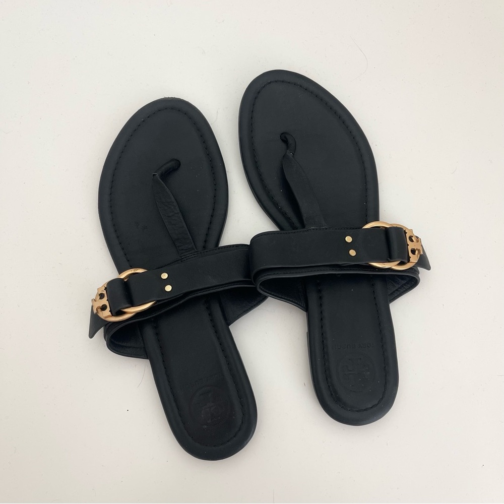 Tory Burch Marsden Miller Black Leather Thong Buckle Slip On Sandals Flip Flops